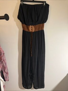 Poetry Black Strapless Jumpsuit with Brown Waist Belt